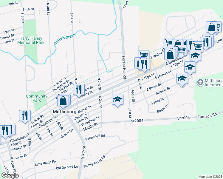map of restaurants, bars, coffee shops, grocery stores, and more near 101 Chestnut Street in Mifflinburg