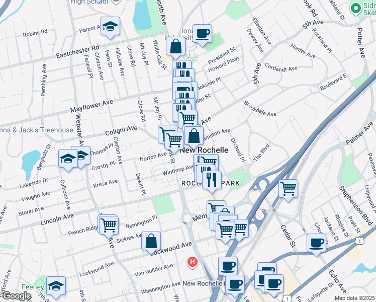 map of restaurants, bars, coffee shops, grocery stores, and more near 27 Horton Avenue in New Rochelle