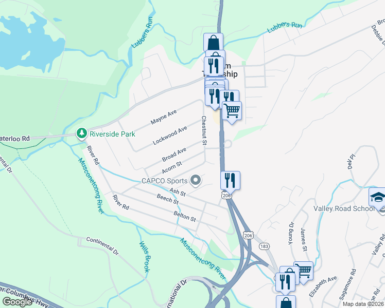 map of restaurants, bars, coffee shops, grocery stores, and more near 6 Acorn Street in Stanhope