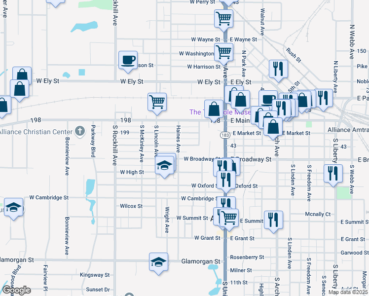 map of restaurants, bars, coffee shops, grocery stores, and more near 170 West Columbia Street in Alliance