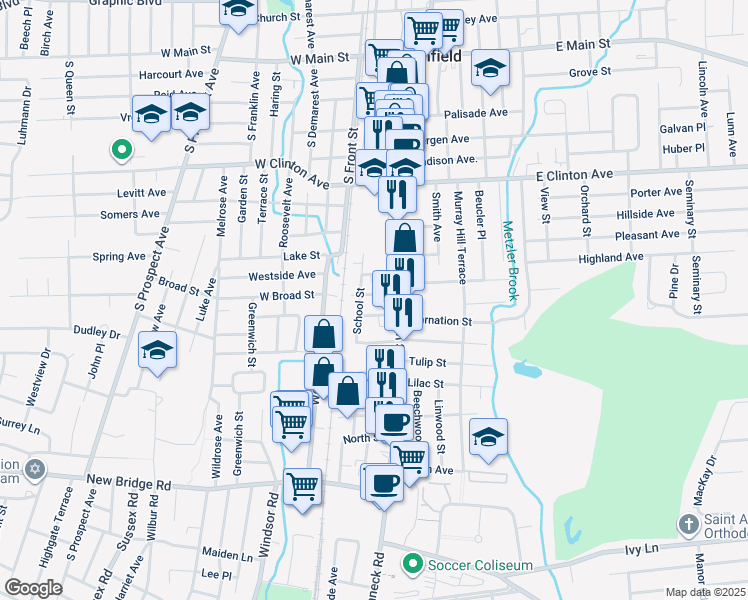 map of restaurants, bars, coffee shops, grocery stores, and more near 28 West Broad Street in Bergenfield