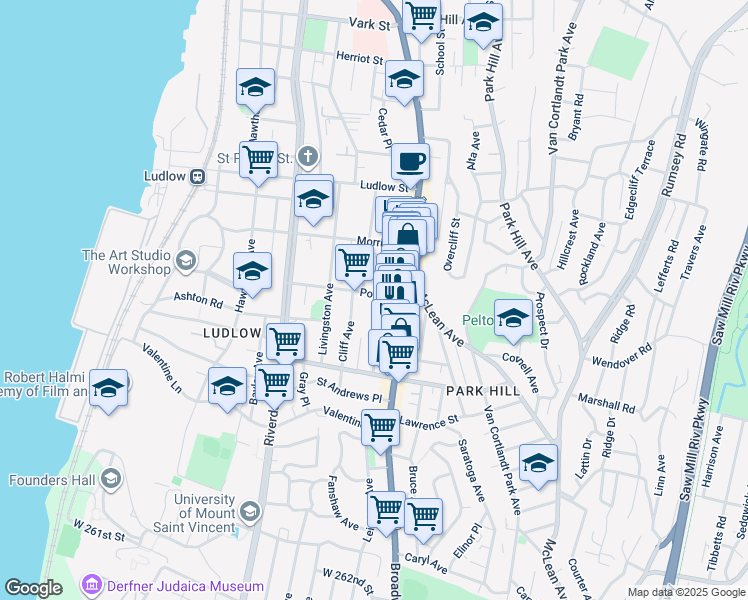 map of restaurants, bars, coffee shops, grocery stores, and more near 26 Post Street in Yonkers