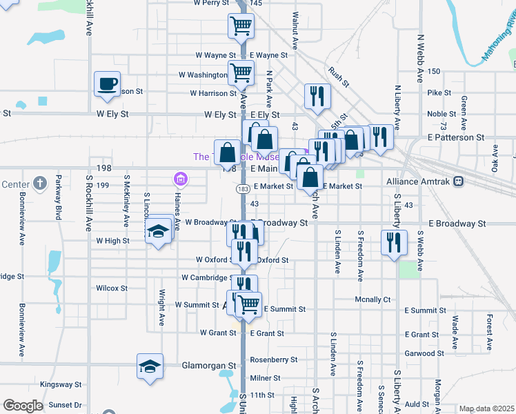 map of restaurants, bars, coffee shops, grocery stores, and more near 45 East Columbia Street in Alliance