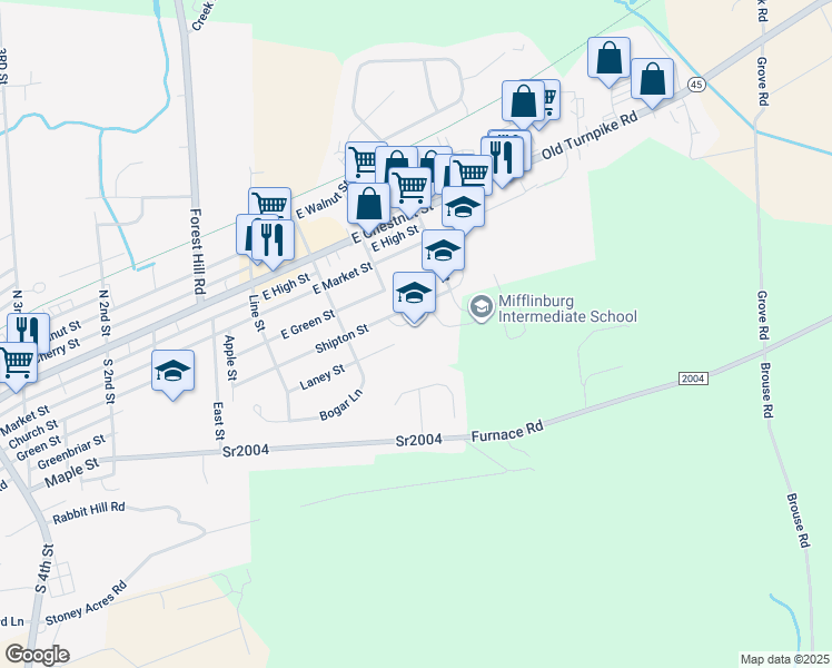 map of restaurants, bars, coffee shops, grocery stores, and more near 115 Shipton Street in Mifflinburg