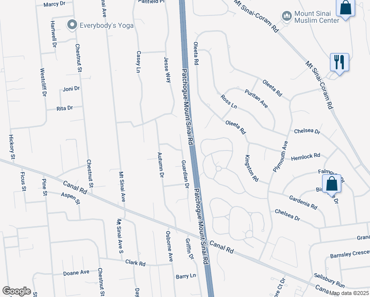map of restaurants, bars, coffee shops, grocery stores, and more near 29 Guardian Drive in Mount Sinai