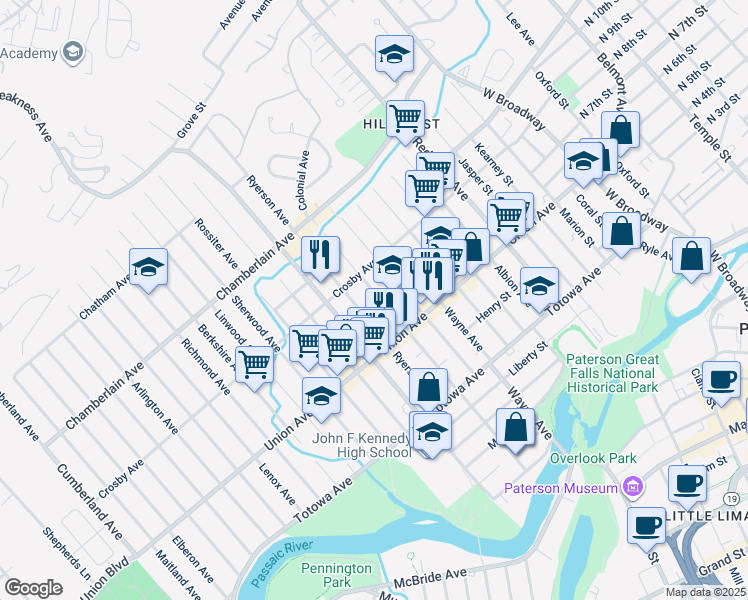 map of restaurants, bars, coffee shops, grocery stores, and more near 215 Paterson Avenue in Paterson