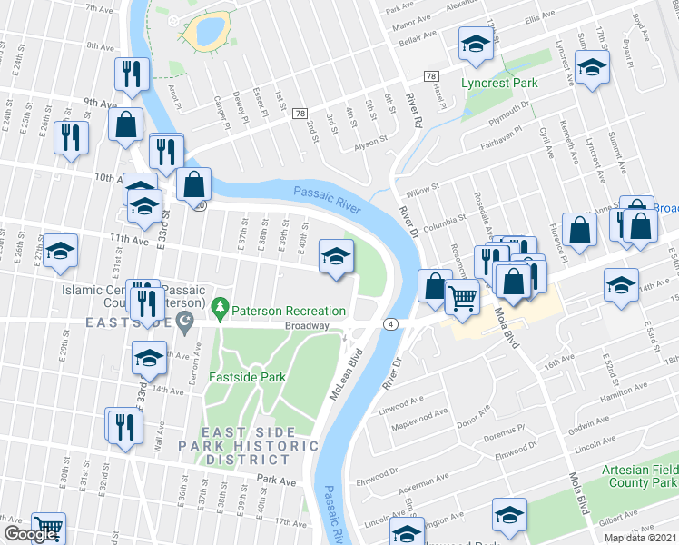 map of restaurants, bars, coffee shops, grocery stores, and more near 789 11th Avenue in Paterson