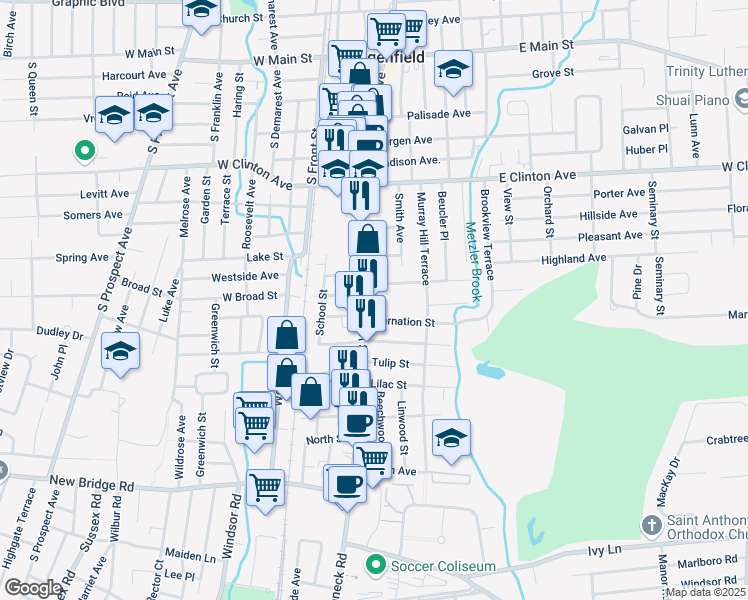 map of restaurants, bars, coffee shops, grocery stores, and more near 233 South Washington Avenue in Bergenfield