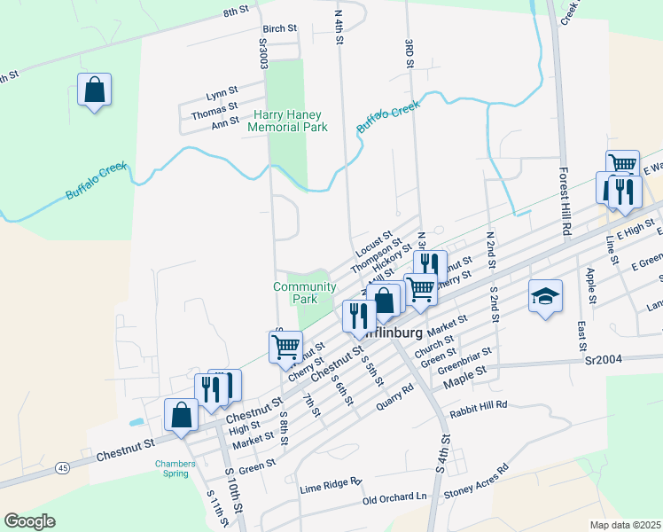 map of restaurants, bars, coffee shops, grocery stores, and more near 450 Park Street in Mifflinburg