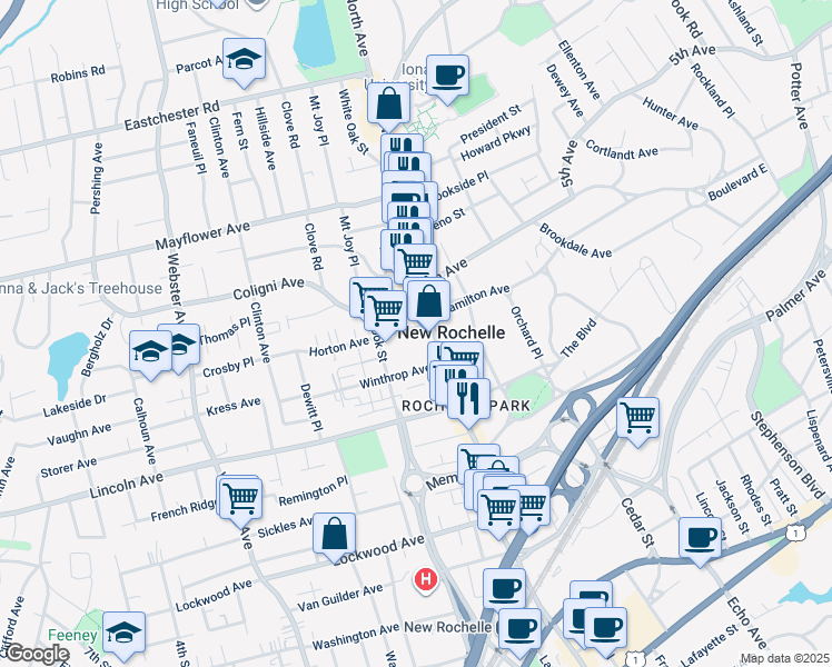 map of restaurants, bars, coffee shops, grocery stores, and more near 27 Horton Avenue in New Rochelle