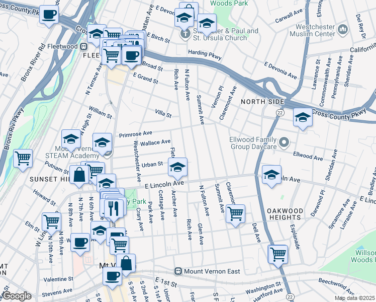 map of restaurants, bars, coffee shops, grocery stores, and more near 256 Rich Avenue in Mount Vernon
