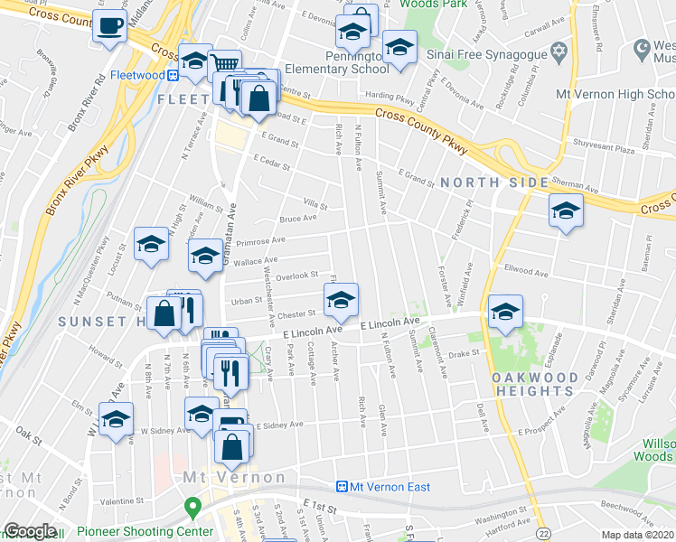map of restaurants, bars, coffee shops, grocery stores, and more near 256 Rich Avenue in Mount Vernon