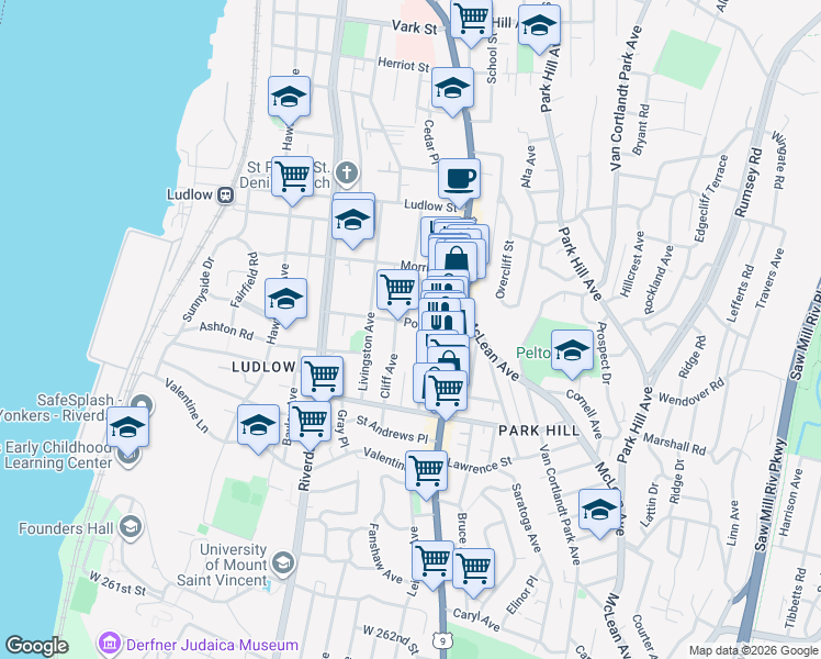 map of restaurants, bars, coffee shops, grocery stores, and more near 26 Post Street in Yonkers