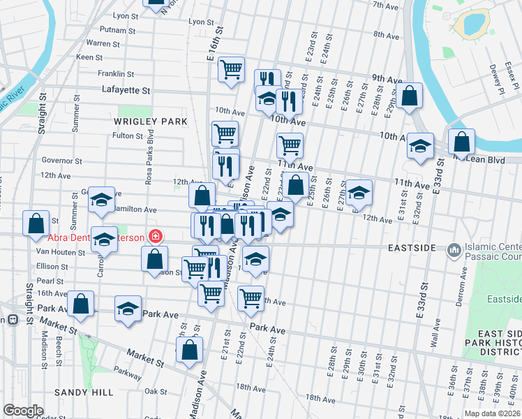map of restaurants, bars, coffee shops, grocery stores, and more near in Paterson