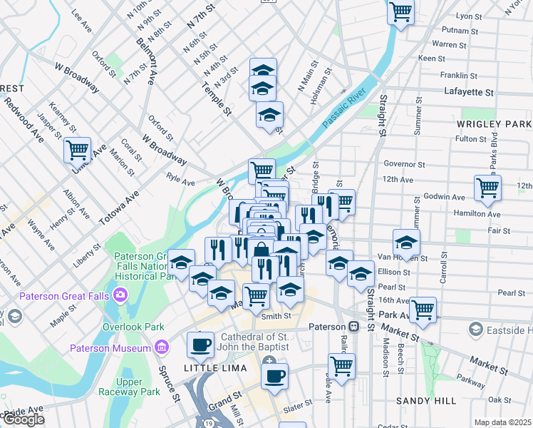 map of restaurants, bars, coffee shops, grocery stores, and more near 50 Washington Street in Paterson