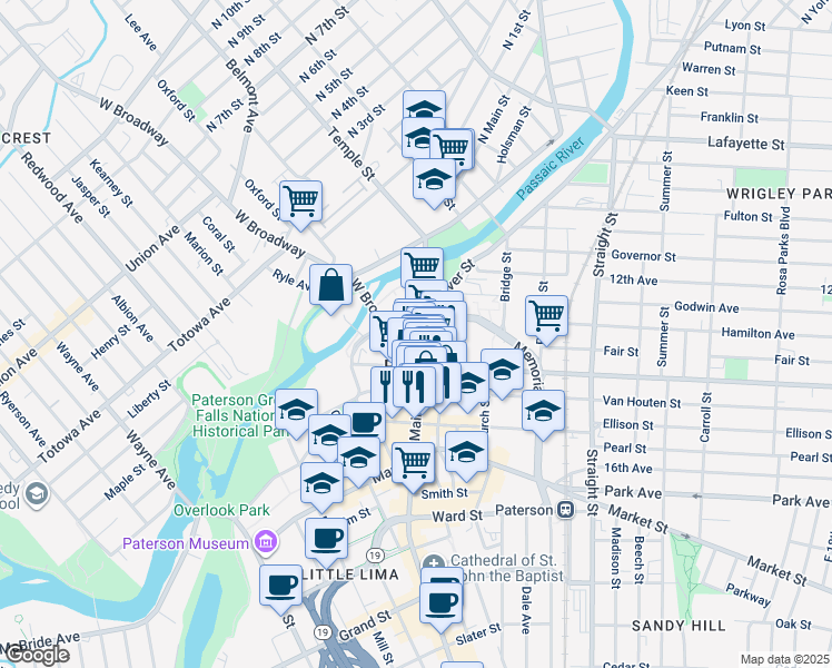 map of restaurants, bars, coffee shops, grocery stores, and more near 70 Main Street in Paterson