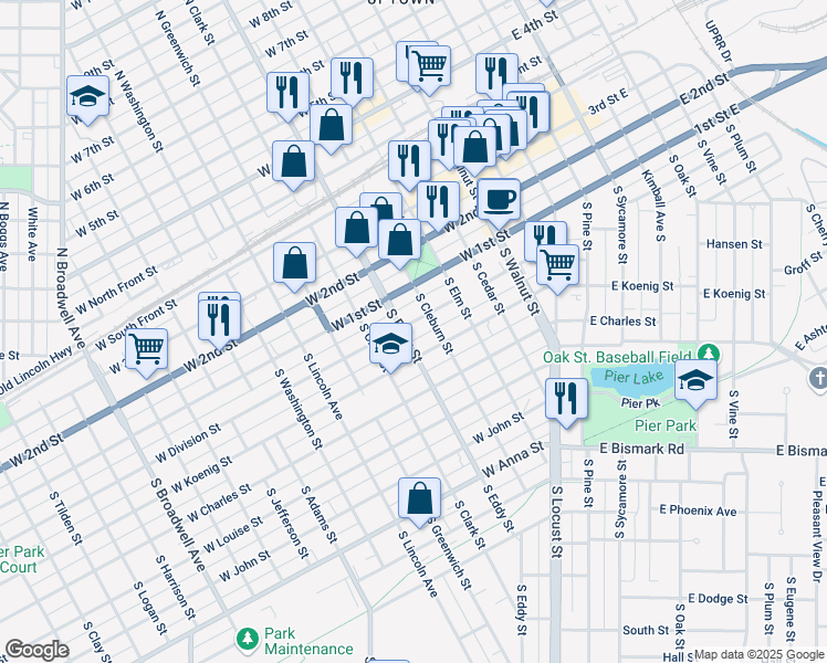 map of restaurants, bars, coffee shops, grocery stores, and more near 803 West Division Street in Grand Island
