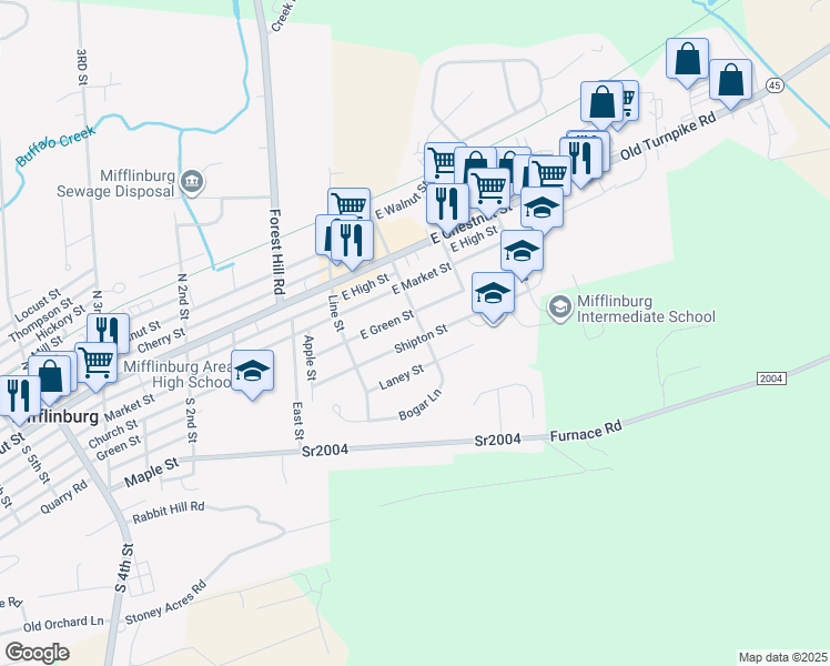 map of restaurants, bars, coffee shops, grocery stores, and more near 76 Shipton Street in Mifflinburg