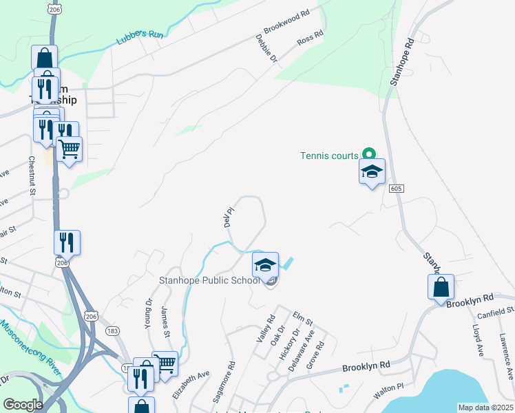 map of restaurants, bars, coffee shops, grocery stores, and more near 14262 Dell Place in Stanhope