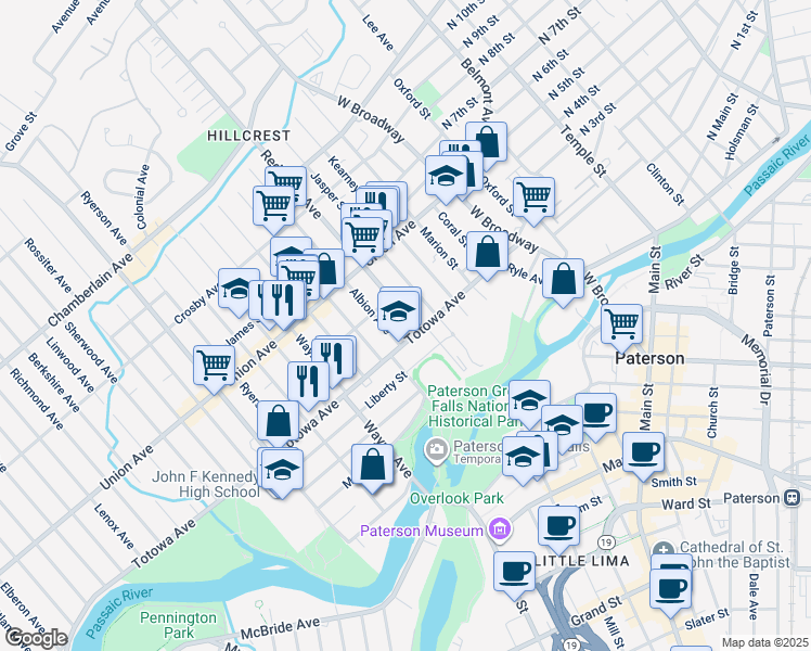 map of restaurants, bars, coffee shops, grocery stores, and more near 9 Redwood Avenue in Paterson