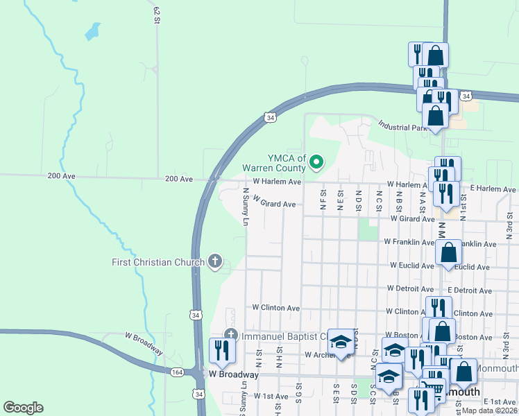 map of restaurants, bars, coffee shops, grocery stores, and more near 745 North Sunny Lane in Monmouth