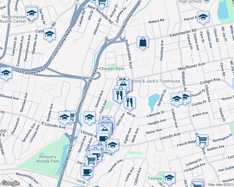 map of restaurants, bars, coffee shops, grocery stores, and more near 529 Fourth Avenue in Village of Pelham