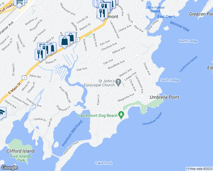 map of restaurants, bars, coffee shops, grocery stores, and more near 54 Beach Avenue in Larchmont