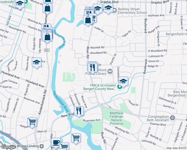 map of restaurants, bars, coffee shops, grocery stores, and more near 1033 River Road in New Milford