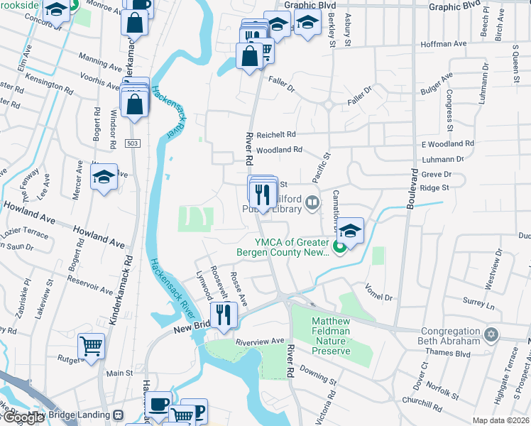 map of restaurants, bars, coffee shops, grocery stores, and more near 1035 River Road in New Milford
