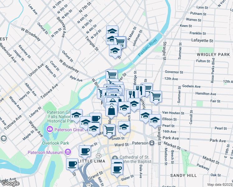 map of restaurants, bars, coffee shops, grocery stores, and more near 50 Washington Street in Paterson