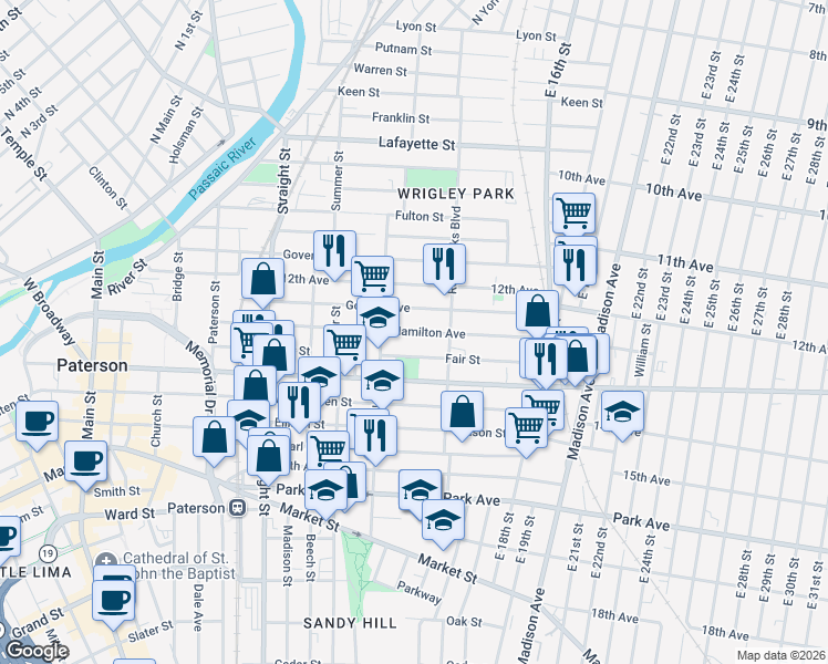 map of restaurants, bars, coffee shops, grocery stores, and more near 278 Hamilton Avenue in Paterson