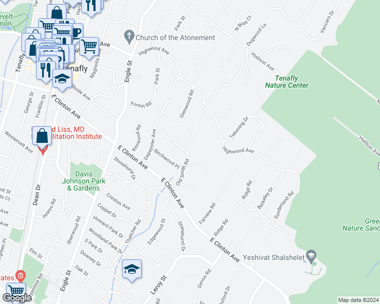 map of restaurants, bars, coffee shops, grocery stores, and more near 44 Old Smith Road in Tenafly