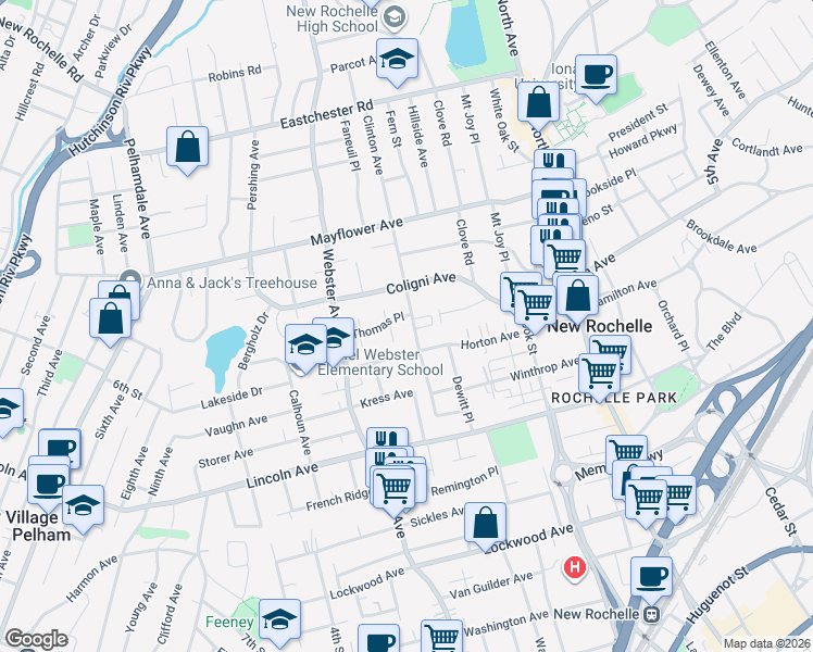 map of restaurants, bars, coffee shops, grocery stores, and more near 100 Clinton Avenue in New Rochelle