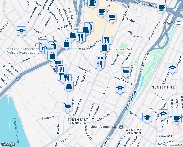 map of restaurants, bars, coffee shops, grocery stores, and more near 150 Edgewood Avenue in Yonkers