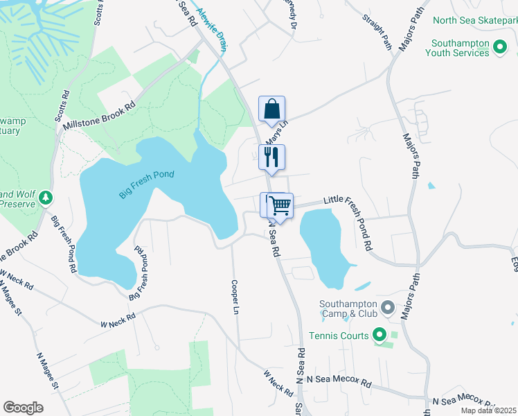 map of restaurants, bars, coffee shops, grocery stores, and more near 9 Lake Side Drive in Southampton