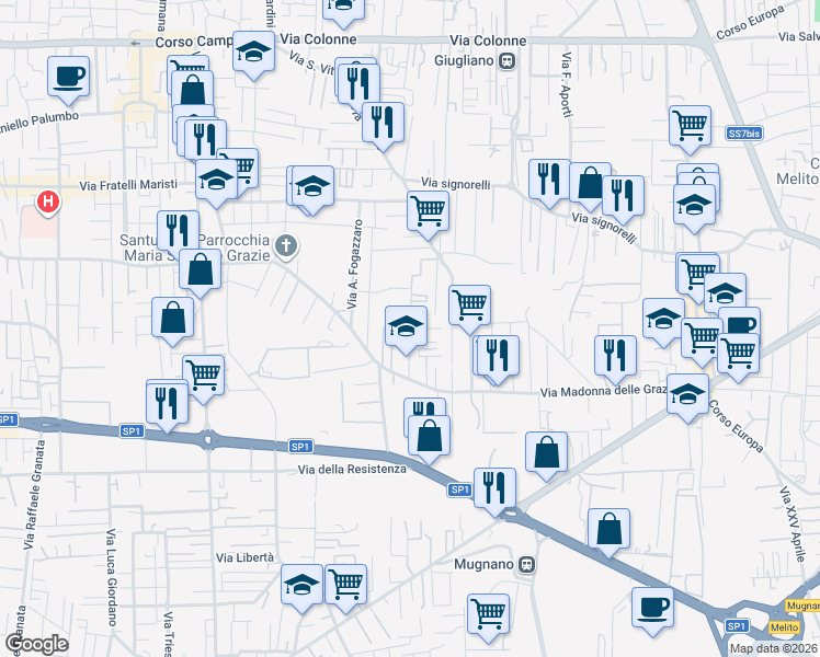 map of restaurants, bars, coffee shops, grocery stores, and more near 14 Via Ippolito Nievo in Giugliano in Campania