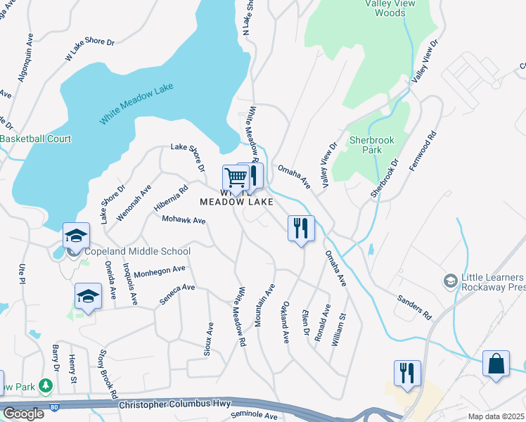 map of restaurants, bars, coffee shops, grocery stores, and more near 64 Pawnee Avenue in Rockaway
