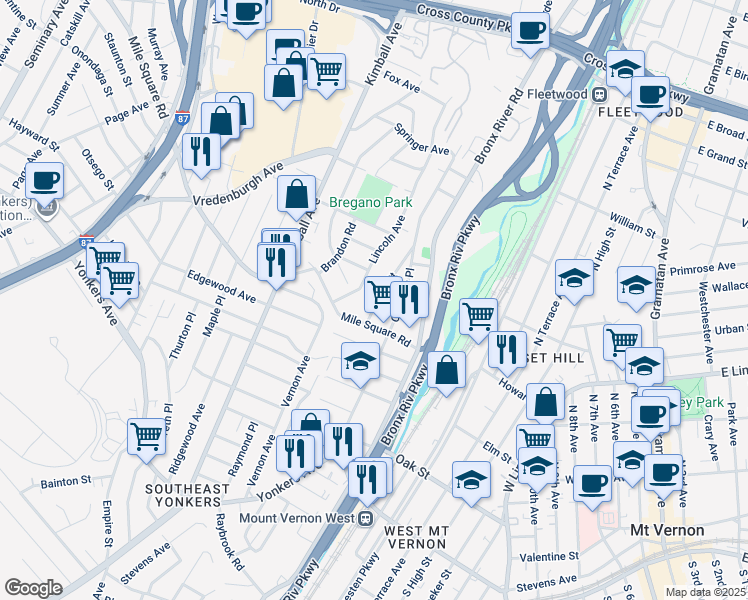 map of restaurants, bars, coffee shops, grocery stores, and more near 21 Halley Street in Yonkers