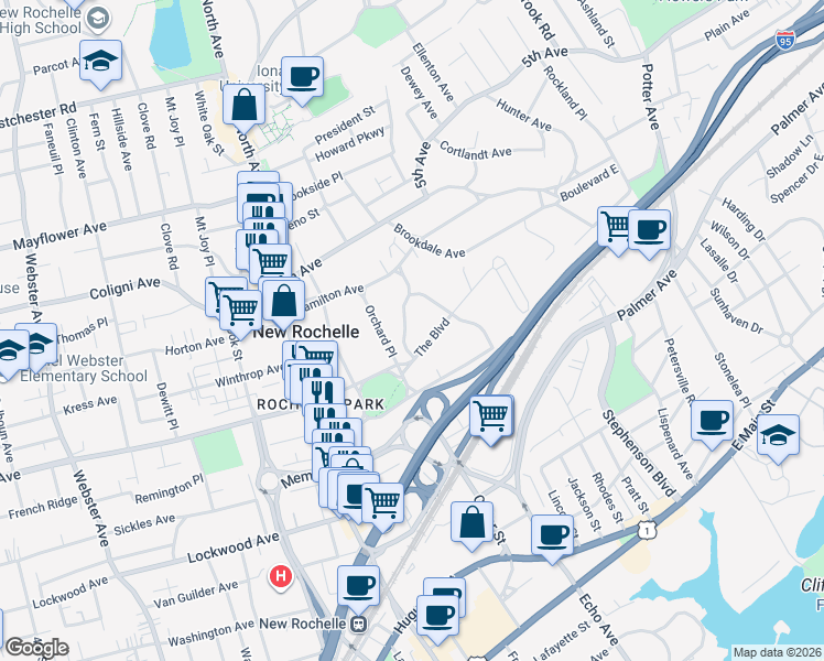 map of restaurants, bars, coffee shops, grocery stores, and more near 1 The Serpentine in New Rochelle