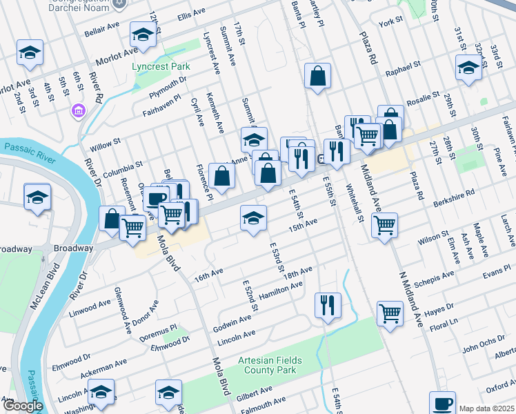 map of restaurants, bars, coffee shops, grocery stores, and more near 10 East 53rd Street in Elmwood Park
