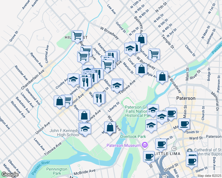 map of restaurants, bars, coffee shops, grocery stores, and more near 27 Albion Avenue in Paterson