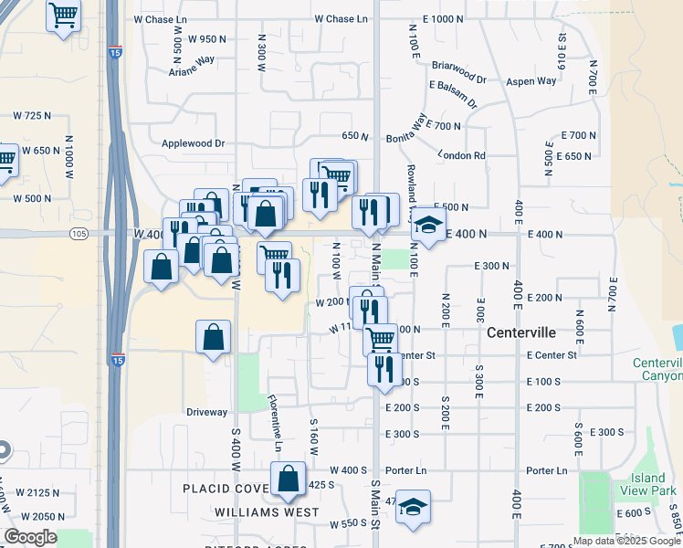 map of restaurants, bars, coffee shops, grocery stores, and more near 288 North 100 West in Centerville