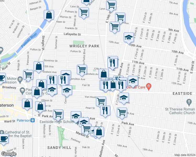 map of restaurants, bars, coffee shops, grocery stores, and more near 351 Hamilton Avenue in Paterson
