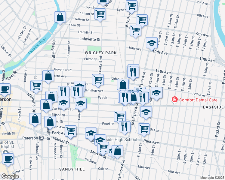 map of restaurants, bars, coffee shops, grocery stores, and more near 337 Hamilton Avenue in Paterson
