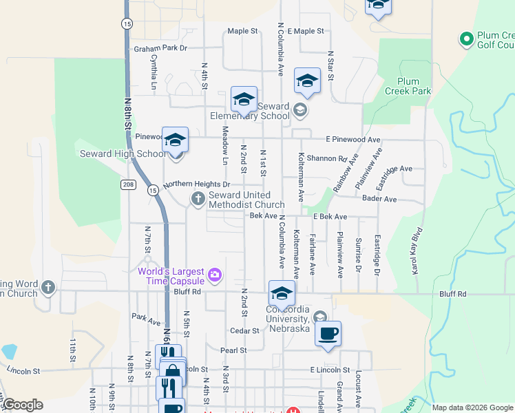 map of restaurants, bars, coffee shops, grocery stores, and more near 1451 North 1st Street in Seward