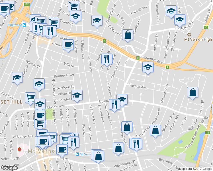 map of restaurants, bars, coffee shops, grocery stores, and more near 50 Forster Avenue in Mount Vernon