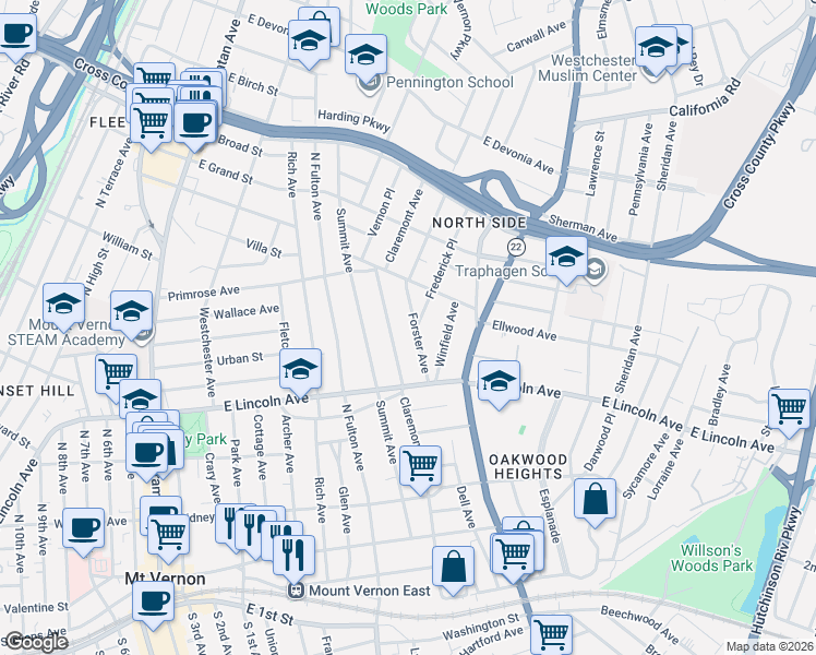 map of restaurants, bars, coffee shops, grocery stores, and more near 7 Frederick Place in Mount Vernon