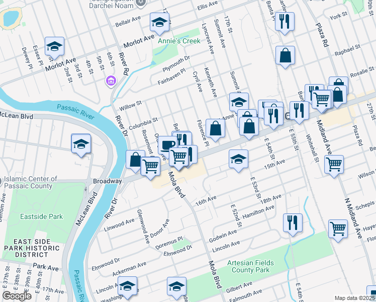 map of restaurants, bars, coffee shops, grocery stores, and more near 109 Bellevue Ave in Elmwood Park