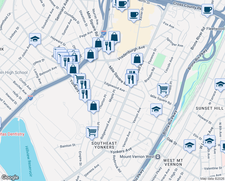 map of restaurants, bars, coffee shops, grocery stores, and more near 207 Winfred Avenue in Yonkers