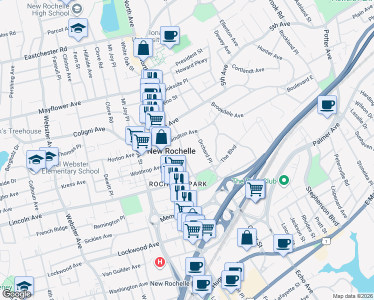 map of restaurants, bars, coffee shops, grocery stores, and more near 75 Beaufort Place in New Rochelle